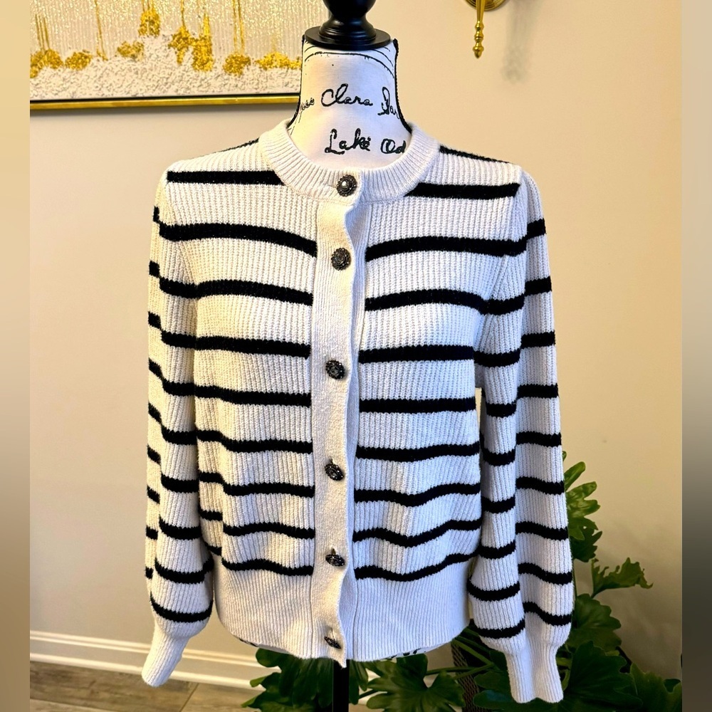 Who What Wear Cream/black Striped Sweater Jeweled Buttons